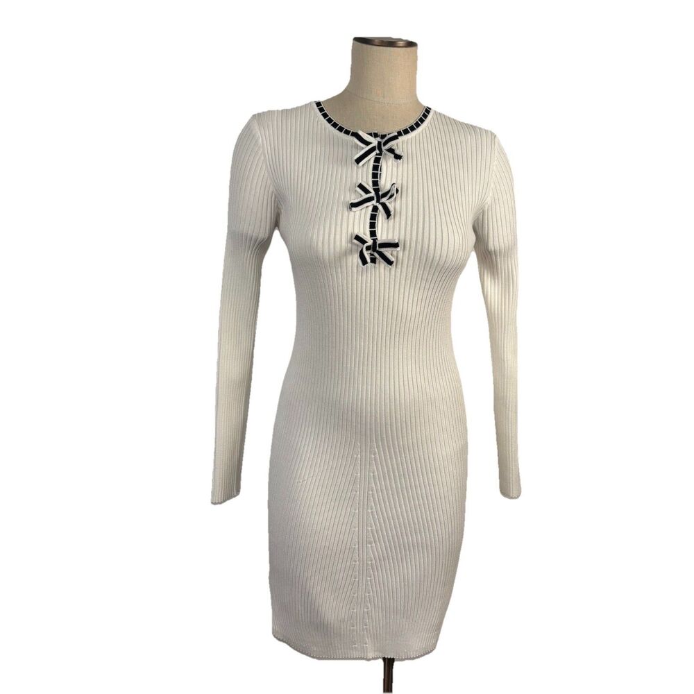 Emma & Posh Womens Small White Ribbed Knit Sweater Dress Stretch Bows Bow Detail